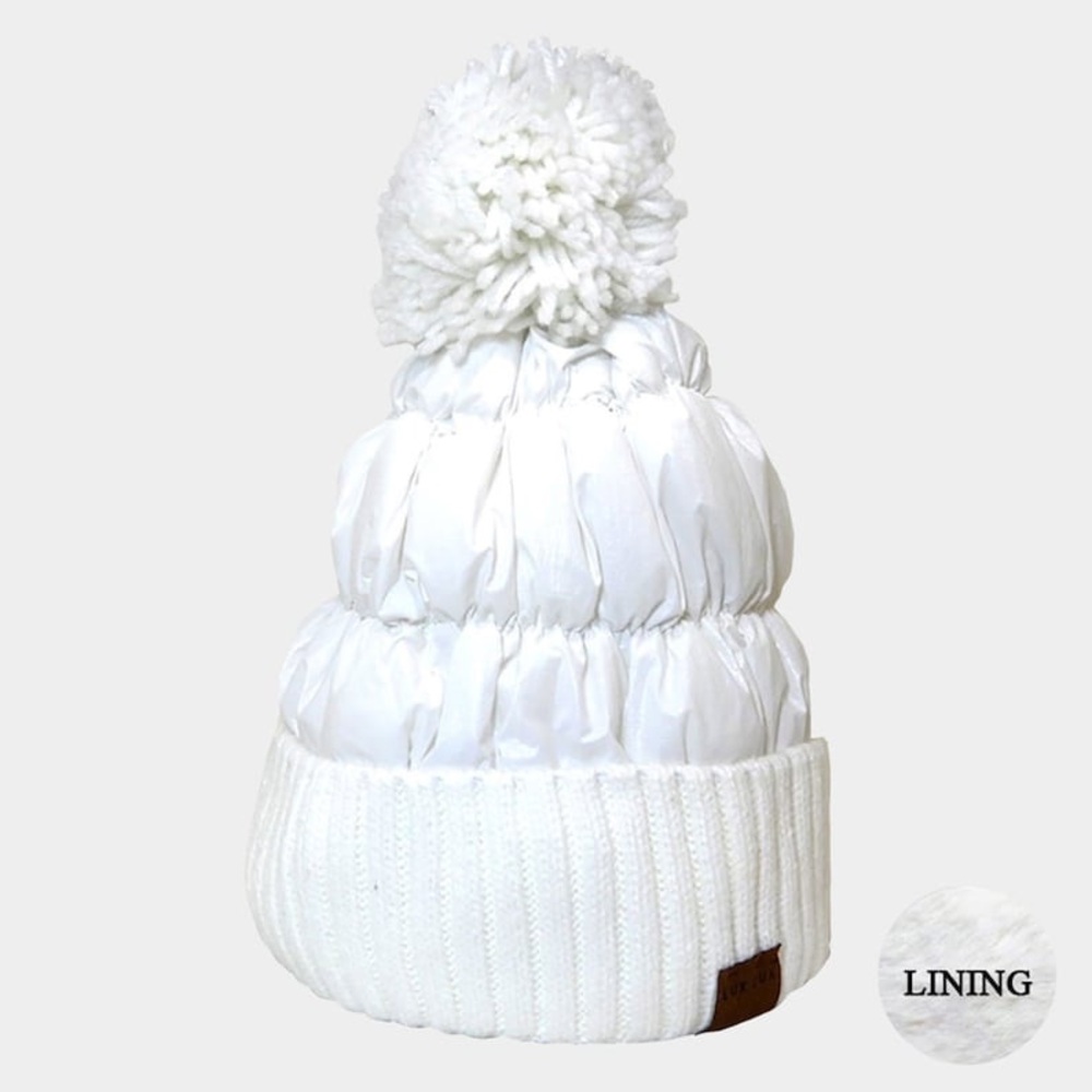 Knit Top Metallic Puffer Beanie White
